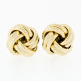 Italian 14K Yellow Gold Ribbed High Polished Dual Tube Love Knot Stud Earrings