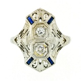 Art Deco 18kt White Gold Euro Cut Diamond & Sapphire Filigree Dinner Ring