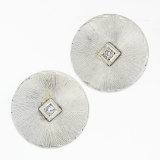 Vintage 14K White Gold Round Circular Disk & Diamond Brushed Button Earrings