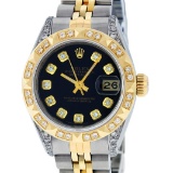 Rolex Ladies 2 Tone Black Lugs & Pyramid Diamond Datejust Wriswatch