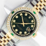 Rolex Mens 2 Tone Green String Diamond & Emerald Datejust Wristwatch Serviced Po
