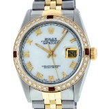 Rolex Mens 2 Tone Mother Of Pearl Diamond & Ruby 36MM Oyster Perpetual Datejust