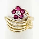 14k Yellow & White Gold Open Domed Ring w/ 1.05 ctw Round Ruby & Diamond Flower