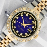 Rolex Mens 2 Tone Blue Vignette String Pyramid Diamond Datejust Wristwatch With