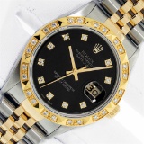 Rolex Mens 2 Tone Black Diamond Pyramid Bezel 36MM Datejust Wristwatch With Role