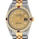 Rolex Mens 2 Tone Champagne Diamond & Ruby 36MM Datejust Wriswatch Oyster Perpet