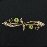 Antique Victorian 9k Gold Old Round Cut Peridot & Seed Pearl Bypass Brooch Pin