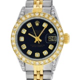 Rolex Ladies 2 Tone Black Diamond Lugs Datejust Wristwatch Oyster Perpetual