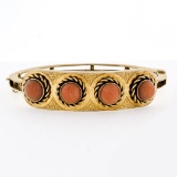 Antique Victorian Handmade 14K Yellow Gold Fine 7mm Coral Open Bangle Bracelet