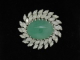 Estate Platinum 22.45 ctw Cabochon Jade & Marquise Diamond Dual Swirl Pin Brooch