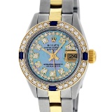 Rolex Ladies 2 Tone 18K Gold Bezel Blue String Diamond & Sapphire Datejust Wrisw