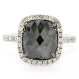 14K White Gold 3.12 ctw Checkerboard Cushion Cut Black & White Diamond Halo Ring