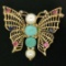 14k Yellow Gold Open Turquoise Pearl Sapphire Ruby Diamond Butterfly Brooch Pin