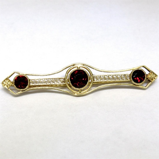 Antique Art Nouveau 14k Yellow Gold 2.20 ctw Old Round Garnet Filigree Bar Pin B