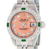 Rolex Ladies Stainless Steel Quickset Salmon Diamond & Emerald Oyster Perpetual