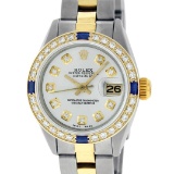 Rolex Ladies 2 Tone 18K Gold Bezel Silver Diamond & Sapphire Datejust Wriswatch