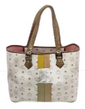 MCM White Gold Leather Canvas Shopper Tote Bag