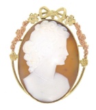 Vintage 10K Yellow & Rose Gold Portrait Cameo w/ Unique Bow & Floral Open Frame