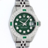 Rolex Ladies Stainless Steel Green Diamond & Emerald 26MM Datejust Wristwatch