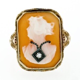 Antique Art Deco 14K Yellow Gold Carved Shell Cameo Diamond Open Filigree Ring