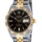 Rolex Mens 2 Tone Black Index Pyramid Diamond Bezel Datejust Wristwatch