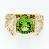 14k Yellow Gold 3.0 ctw Round Peridot Solitaire & Ideal Cut Diamond Cocktail Rin