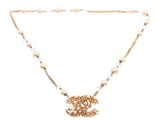 Chanel Faux Pearl &amp; Crystal CC Pendant Necklace