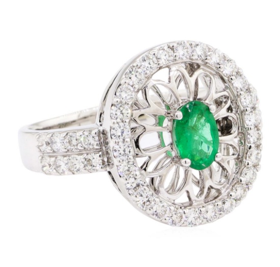 1.16 ctw Oval Mixed Emerald And Round Brilliant Cut Diamond Ring - 14KT White Go