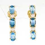 14K Yellow Gold 1.10 ctw Alternating Oval Blue Topaz & Pearl Long Drop Earrings