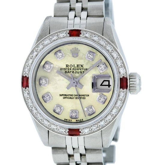 Rolex Ladies Stainless Steel Yellow MOP Diamond & Ruby Datejust Wristwatch