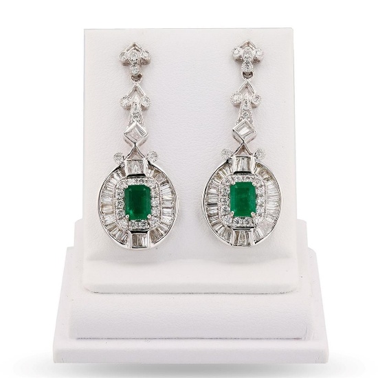 2.25 ctw Emerald and 2.55 ctw Diamond 14K White Gold Earrings