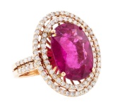 8.69 ctw Oval Mixed Rubellite And Round Brilliant Cut Diamond Ring - 14KT Rose G