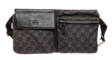 Gucci Black Gray GG Canvas Leather Trim Waist Bag