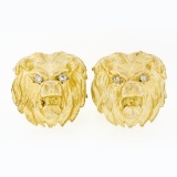 Vintage 14k Yellow Gold Large Detailed Diamond Eye Lion Head Swivel Cufflinks