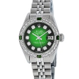 Rolex Ladies Stainless Steel 26MM Green Vignette Diamond Oyster Perpetual Dateju