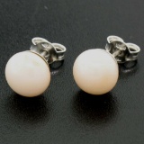 18k Solid White Gold 8.6mm Angel Coral Simple Classic Round Button Stud Earrings