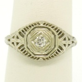 Antique Art Deco 14k White Gold Old European Cut Diamond Filigree Solitaire Ring