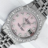 Rolex Ladies Stainless Steel Pink MOP Pyramid Diamond Datejust Wristwatch 26MM W