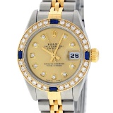 Rolex Ladies Quickset 2 Tone Champagne Diamond & Sapphire Datejust Wristwatch 26