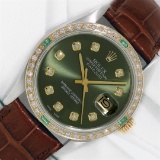 Rolex Datejust Mens 36 Olive Green Diamond Bezel 18K/SS Oyster Perpetual With Le