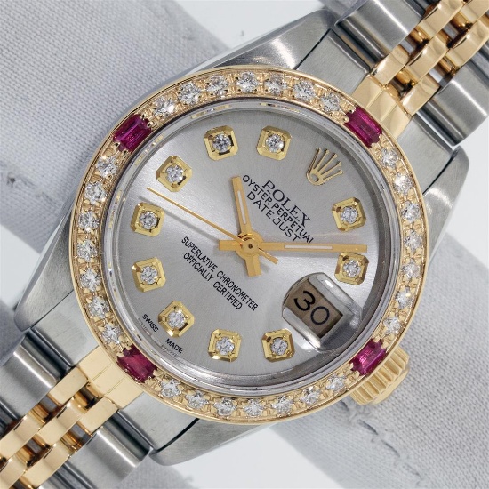 Rolex Ladies 2 Tone Silver Diamond & Ruby Oyster Perpetual Datejust Wristwatch