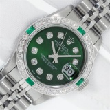 Rolex Ladies Stainless Steel Green Diamond & Emerald 26MM Datejust Wristwatch Wi