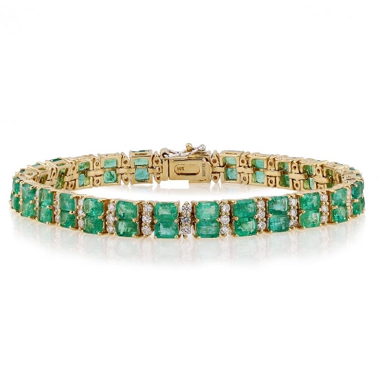 12.25 ctw Emerald and 2.20 ctw Diamond 14K Yellow Gold Bracelet