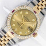 Rolex Mens 2 Tone Champagne Diamond & Ruby 36MM Datejust Wriswatch Oyster Perpet