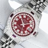 Rolex Ladies Stainless Steel Red Ruby & Diamond Datejust Wristwatch With Rolex W