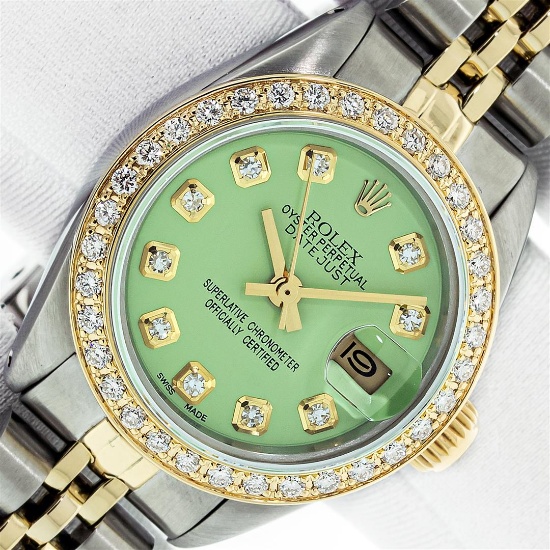 Ladies 26MM Datejust Green Diamond Oyster Perpetual 2T and SS