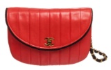 Chanel Red Lambskin Leather Stripe Round Flap Bag