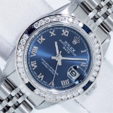 Rolex 26 Ladies Stainless Steel Factory Blue Roman Dial Datejust Wristwatch