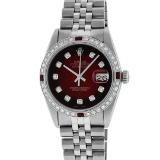 Rolex Mens Stainless Steel Red Vignette Diamond & Ruby 36MM Datejust Oyster Perp