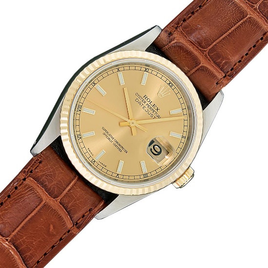 Rolex Mens 2T Champagne Index Wristwatch With Brown Leather Band With Rolex Box